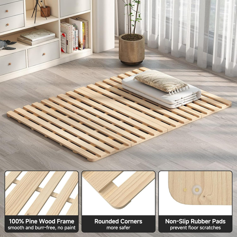 Full Size Foldable Floor Bed Frame, Solid Wood Slat Base for Futon Mattress