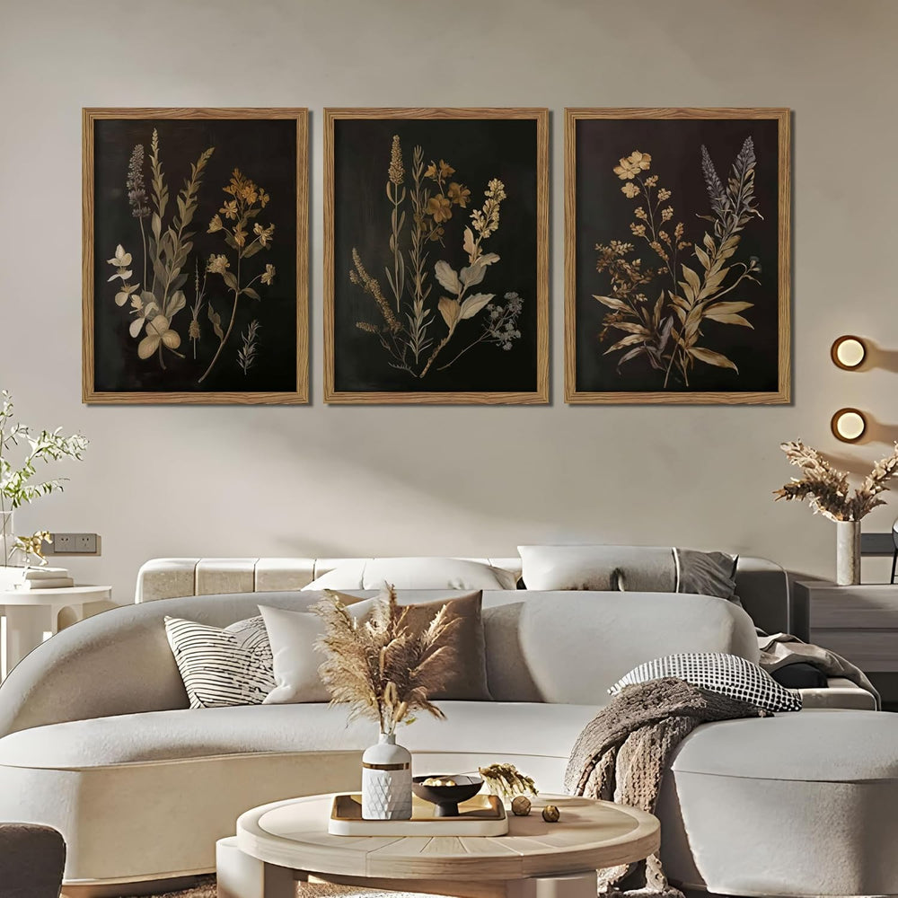 Framed Dark Botanical Wall Art Set of 3, Black Moody Floral Wall Decor Painti...