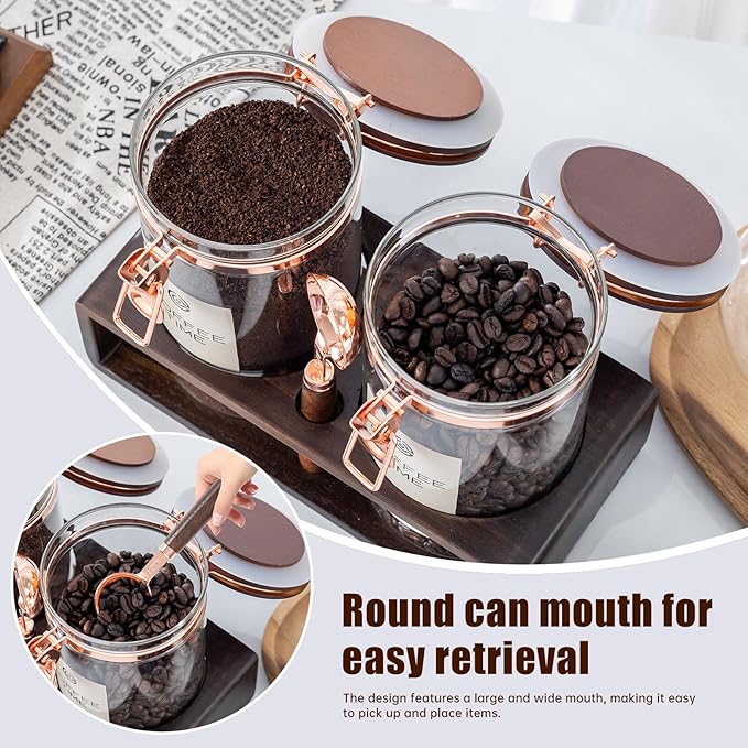 Glass Coffee Canister Set with Wooden Shelf, 2 Pack 45oz Airtight Food Storage