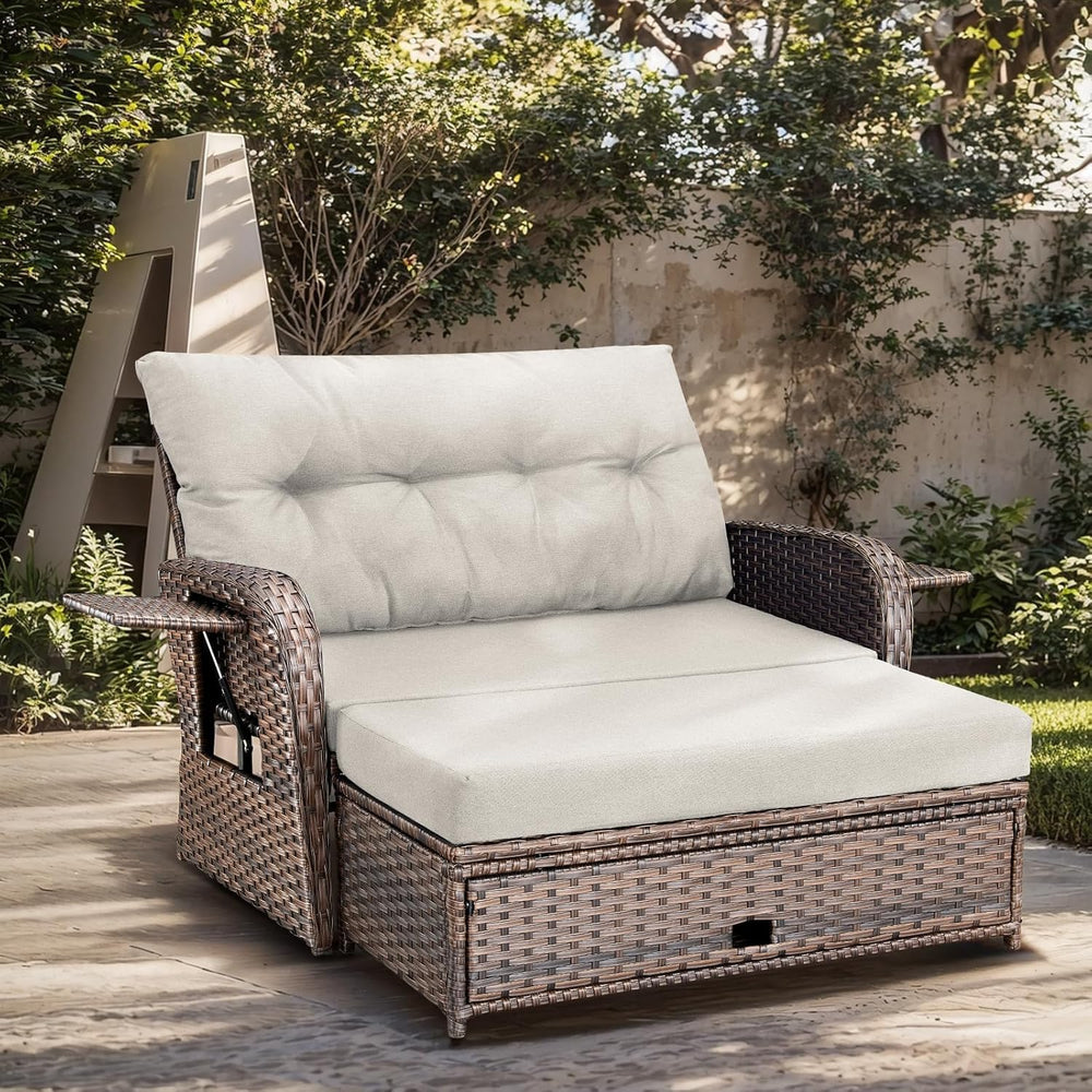 Outdoor Daybed, Patio Daybed Wicker Recliner for Two with Multifunctional Rec...