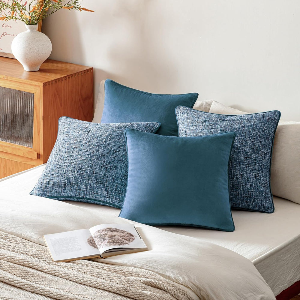 a moment Blue 4 Pack Throw Pillow Covers - Chenille & Velvet Set with Pip...