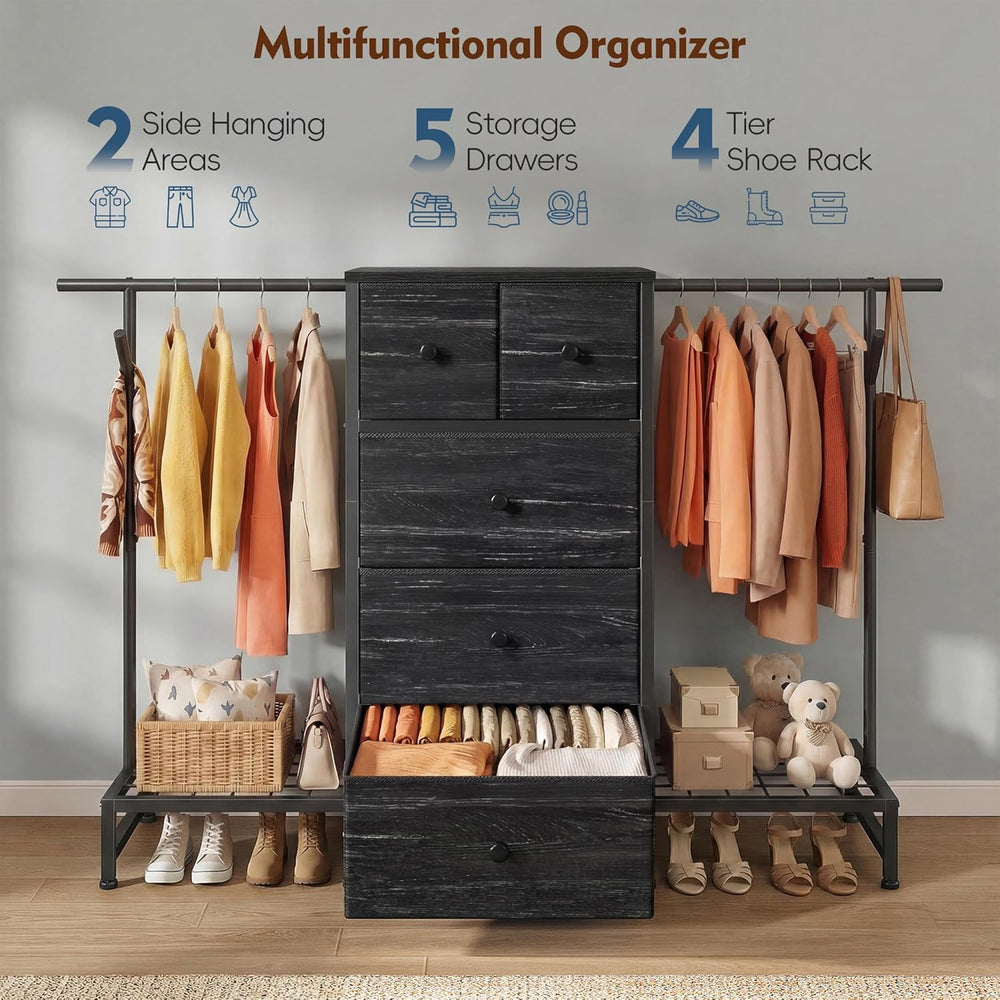 3-in-1 White Dresser with Hanging Rack, 5 Drawers & 2 Shoe Racks