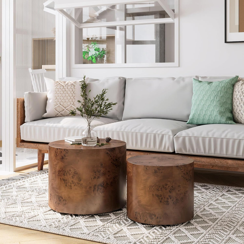 Nesting Coffee Table Set of 2, Round Burl Wood Living Room Decor | Set of 2, ...