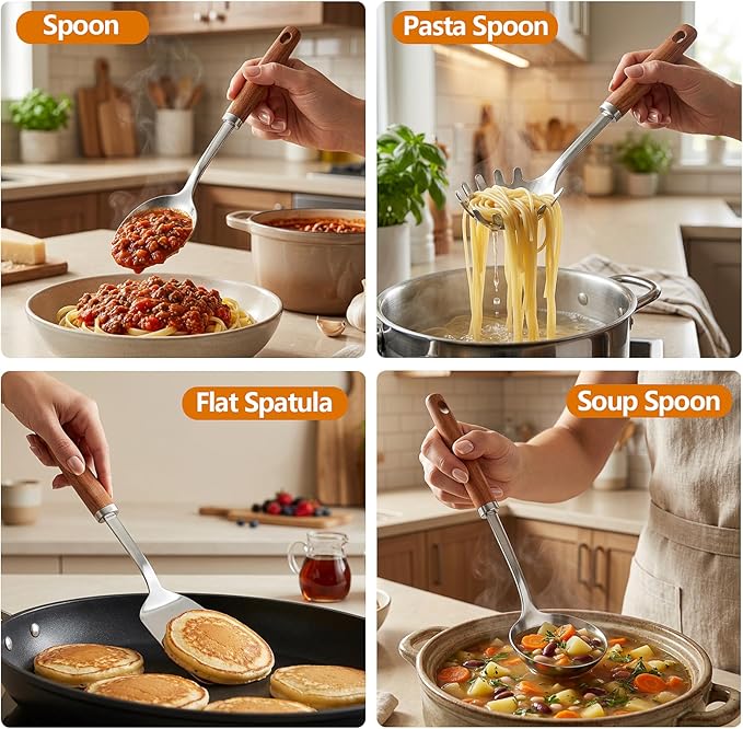 9PCS 18/8 Stainless Steel Kitchen Utensils Set, Heavy Duty Wooden Handle