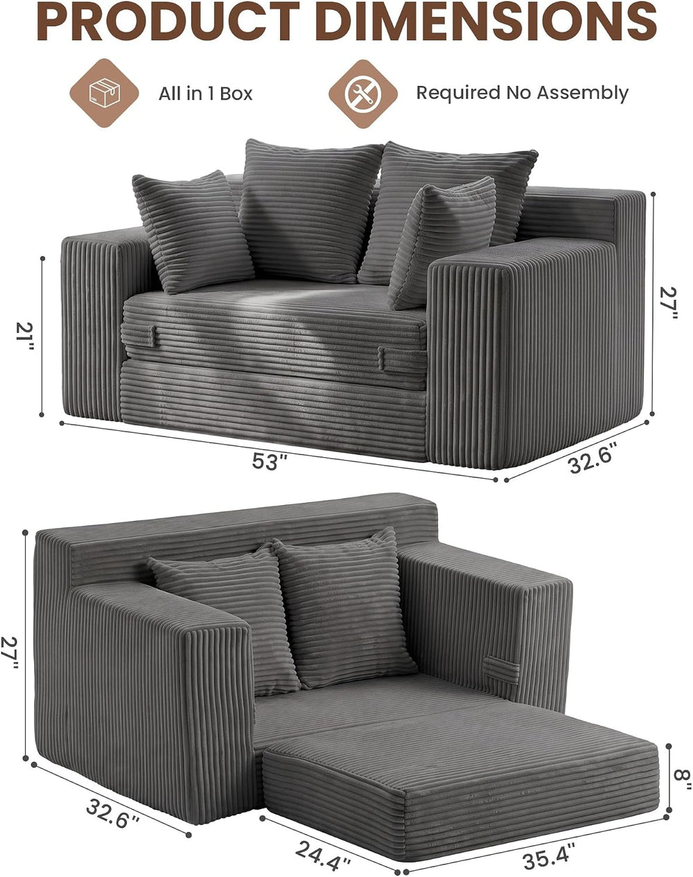 JUIKURY Boneless Mini Couch 53 Inch, 3-in-1 Gray Boneless Couches Covertible ...