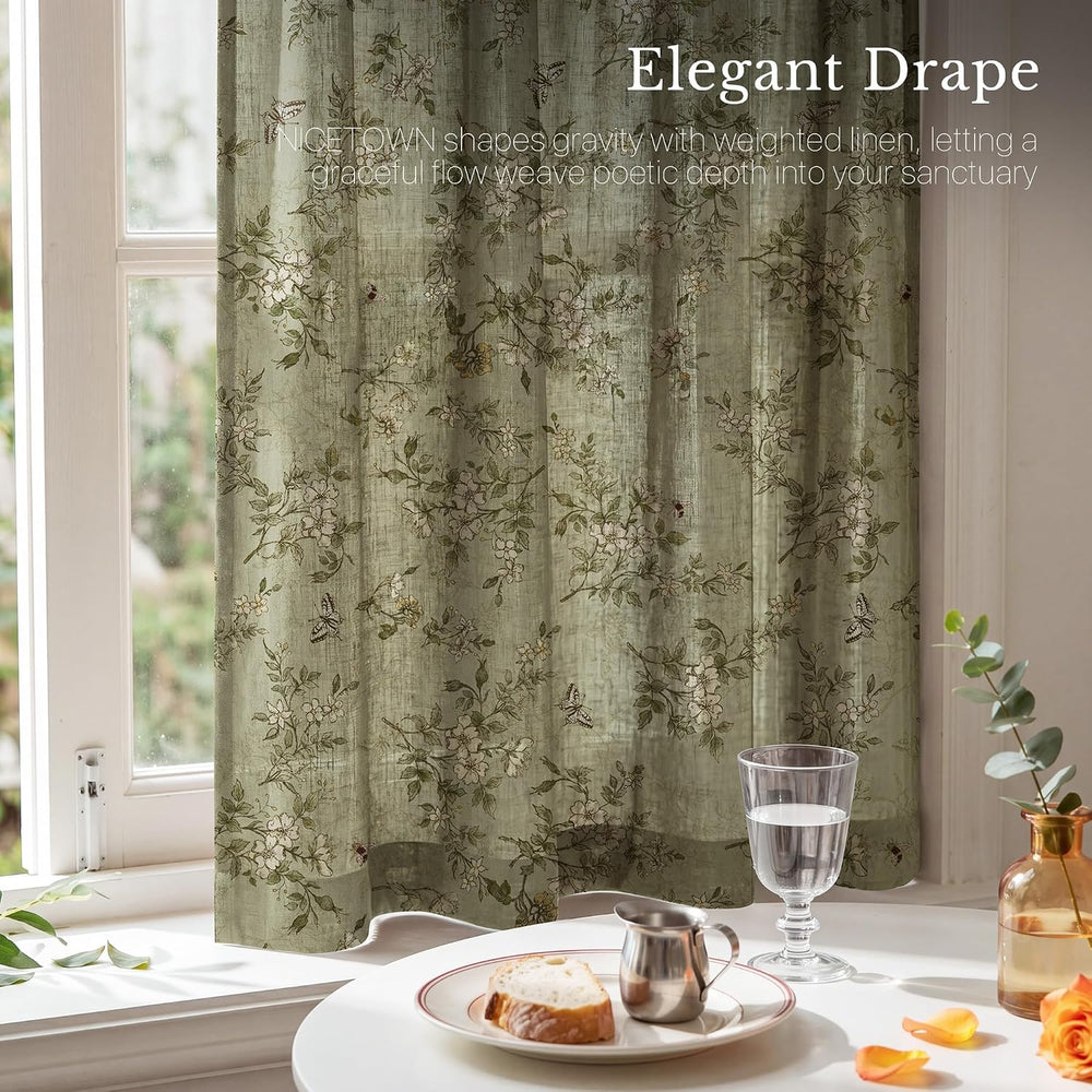 NICETOWN Sage Green Floral Linen Curtains Cafe Curtains, W26 x L36