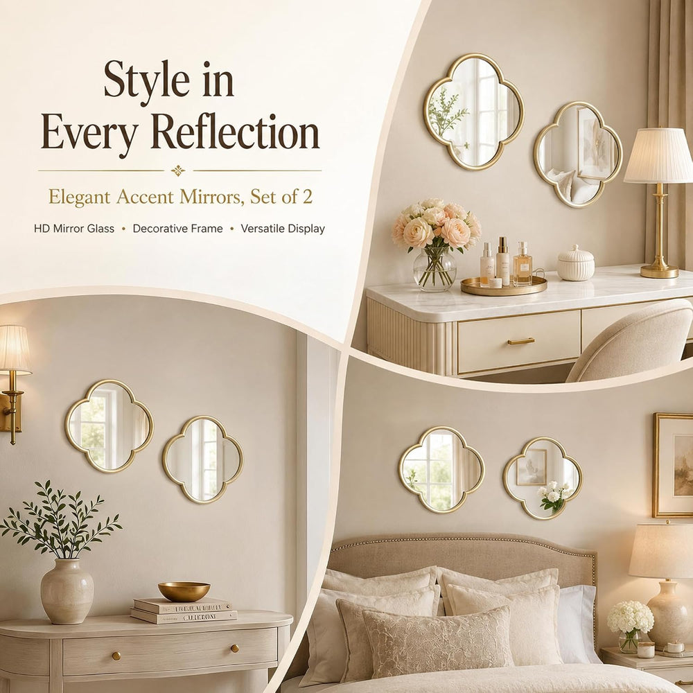 2 Pack Clover Wall Mirrors, Real Glass Decorative Mirrors with Metal Frame, 1...
