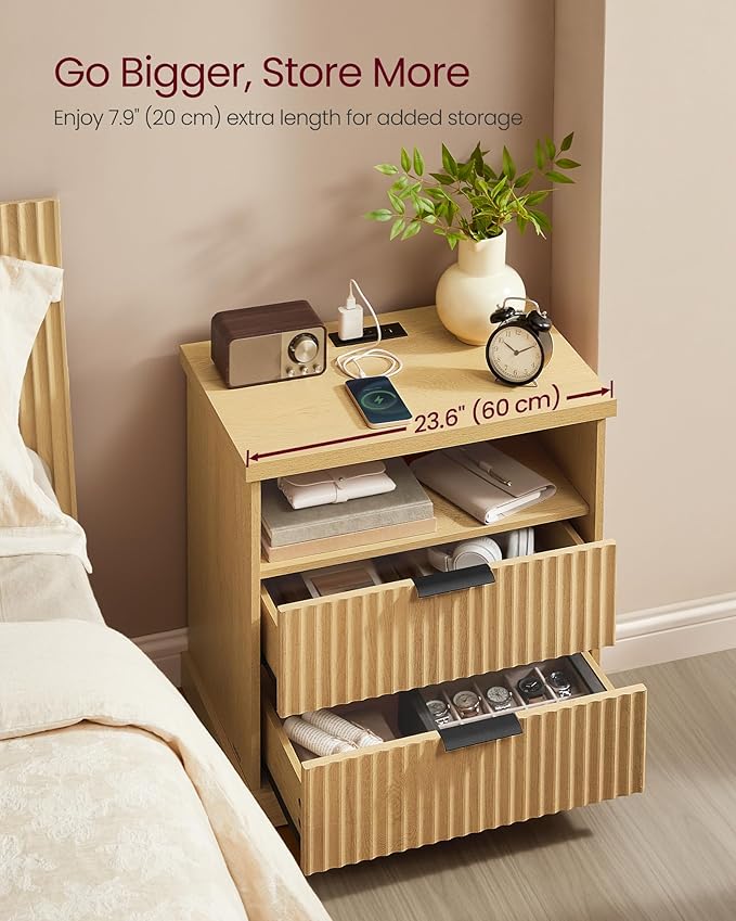 VASAGLE MAXE Collection - Nightstand with Charging Station, Bedside Table, Si...