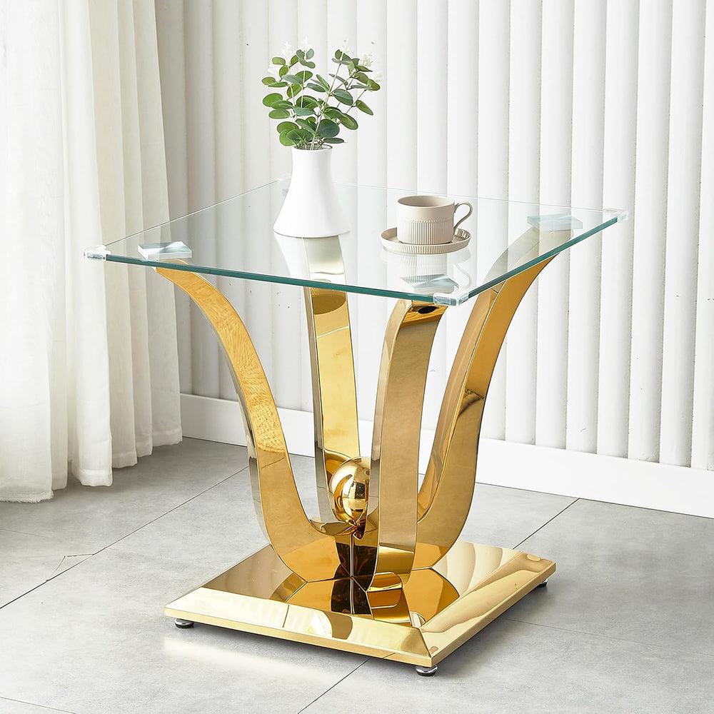 New Gold Glass Side Table, Luxury End Table with Mirror Finish Stainless Stee...