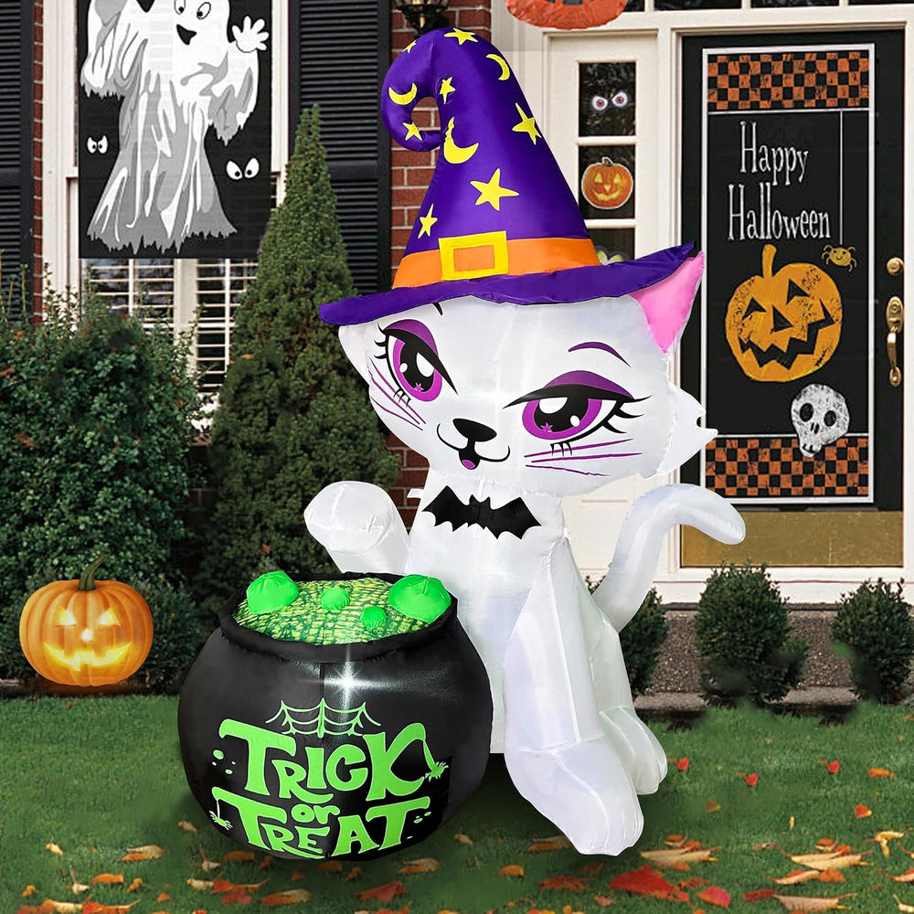 5FT Halloween Inflatable Cat with Witch Cauldron Yard Decor