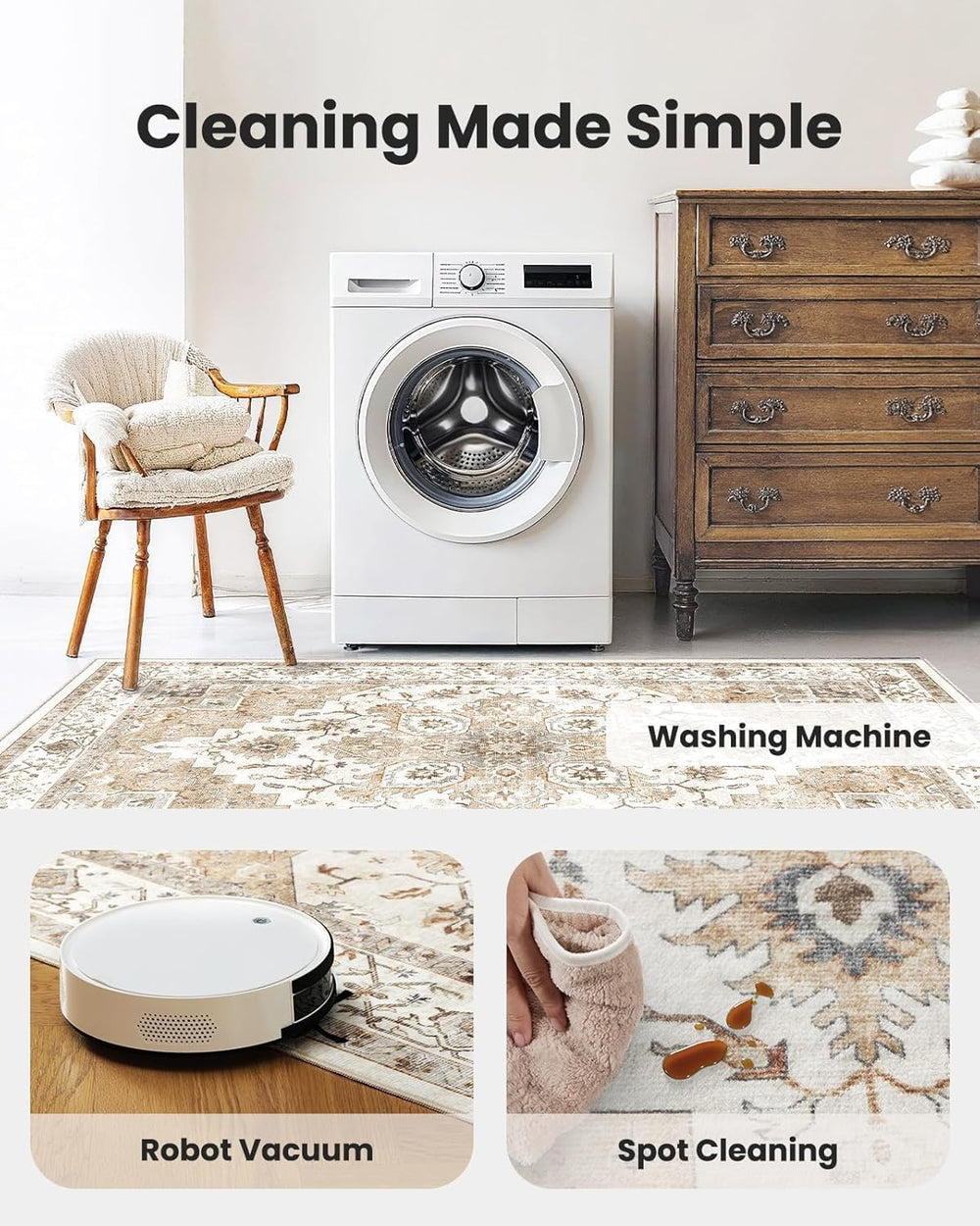 Amada 5x7 Washable Area Rug for Living Room, Beige, Vintage Pattern