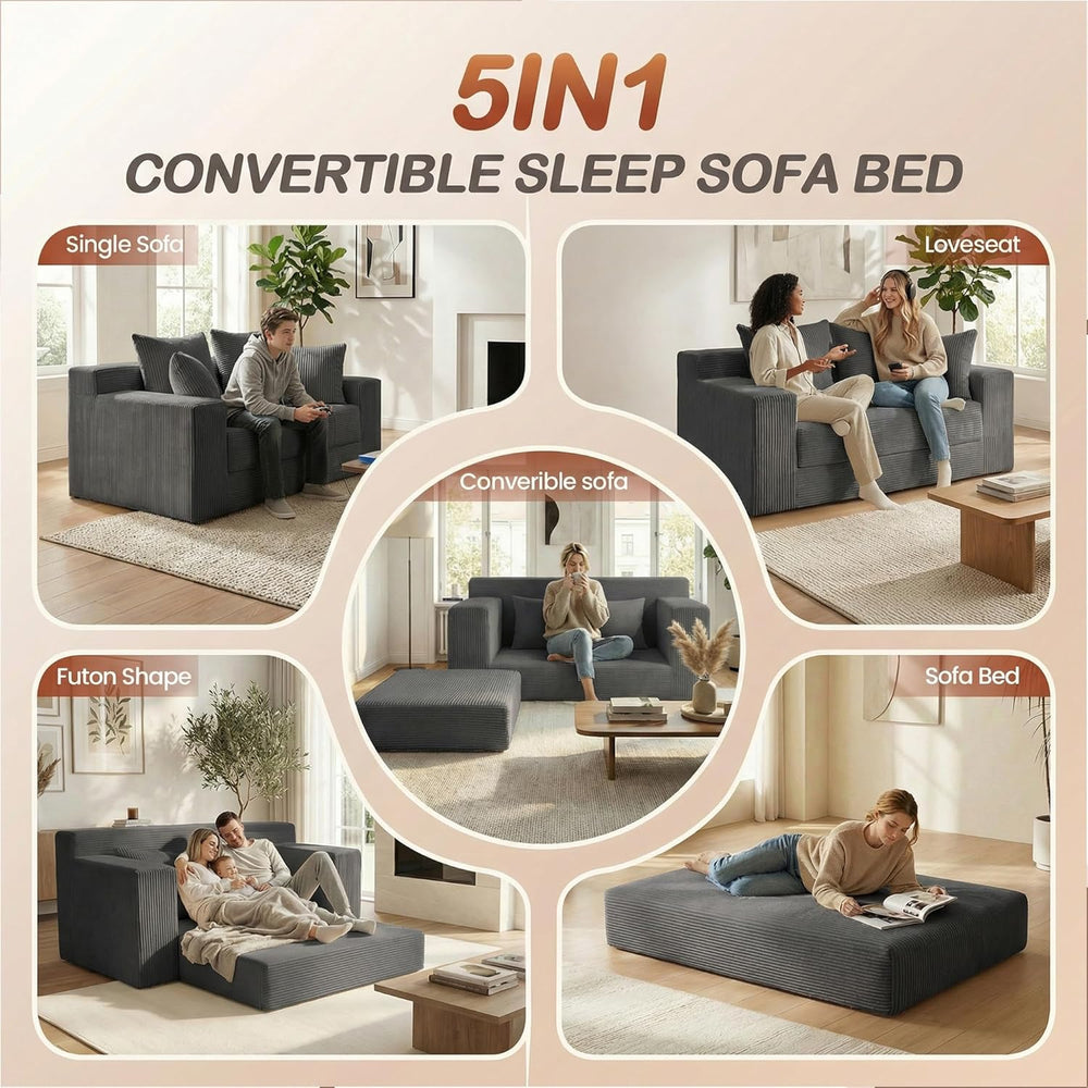 Convertible Sofa Bed, 5 in 1 Small Boneless Couch Pull Out Loveseat Sleeper S...
