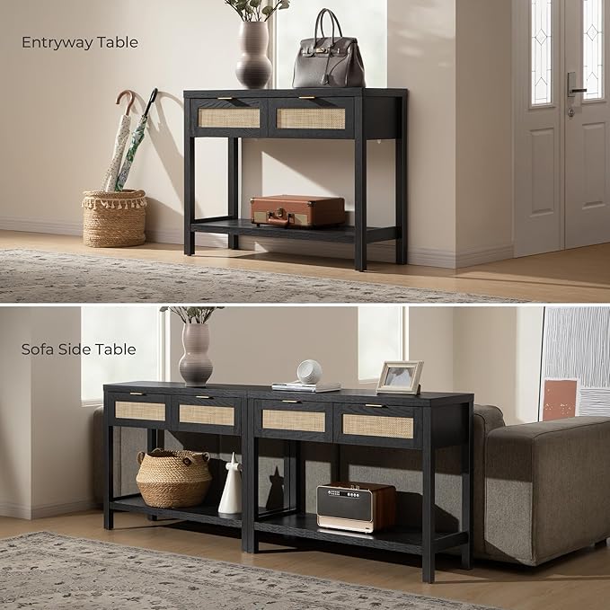 SICOTAS Black Console Table with Rattan Drawers - Boho Rattan Entryway Table ...