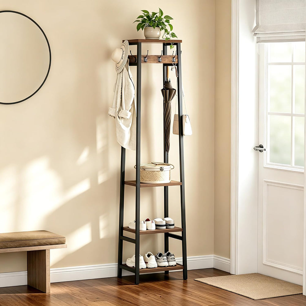 Coat Rack Freestanding, Coat Stand with 3 Shelves and 7 Hooks, Hall Tree Free...