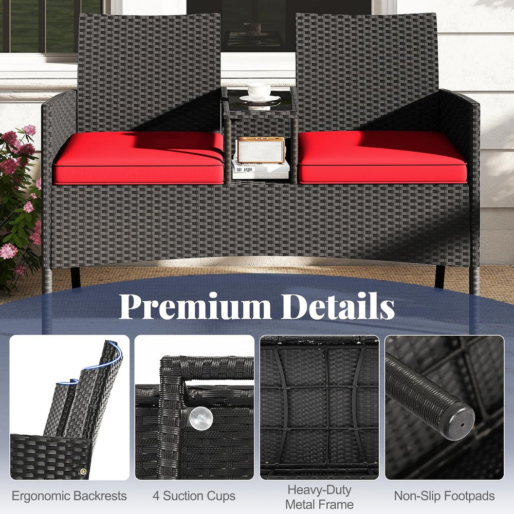 Tangkula Patio Loveseat with Built-in Table, Wicker 2-Seat Furniture with Sof...