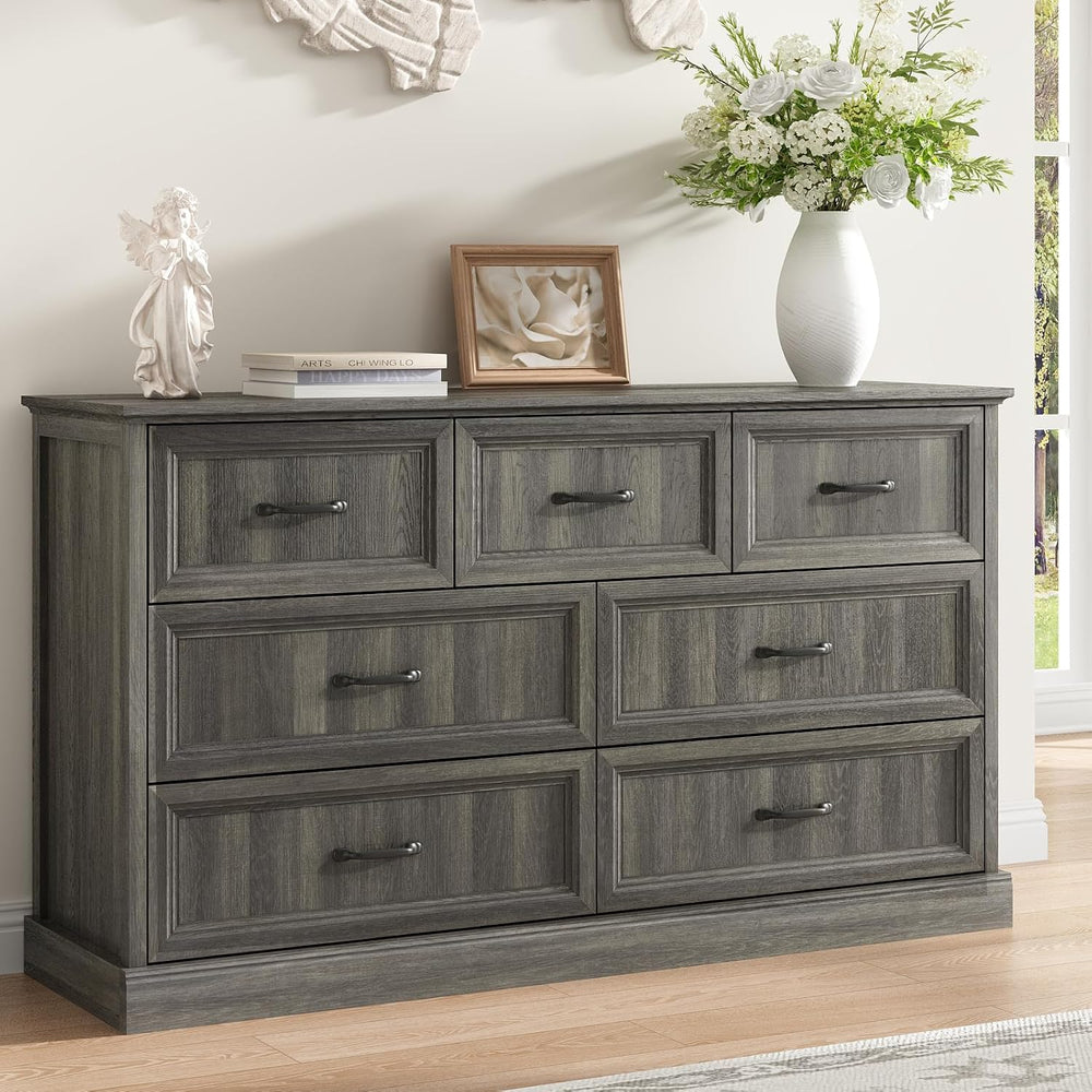 Farmhouse 7 Drawer Dresser for Bedroom, 55" Grey Dresser with TV Stand