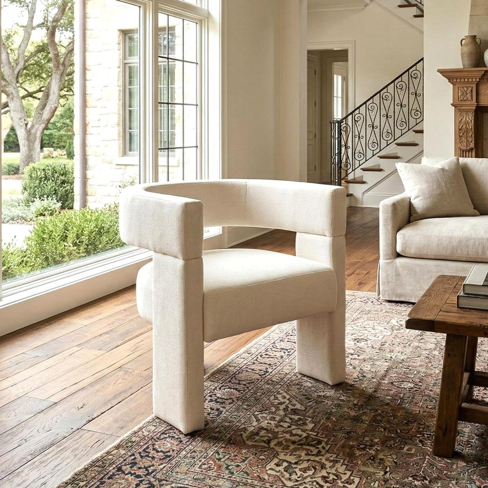 Beige Modern Accent Chair, Upholstered Barrel Armchair with Solid Wood Legs