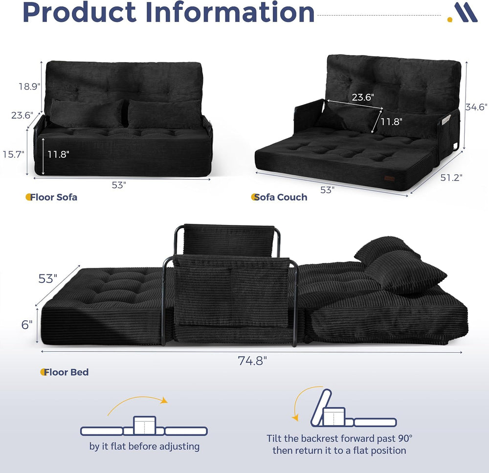 MAXYOYO 53" Adjustable Folding Sofa Bed Couch with 2 Pillows, Black