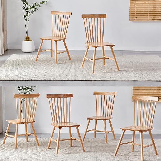 Natural Solid Wood Windsor Dining Chairs Set of 6 for Home Kitchen/Comapct Ap...