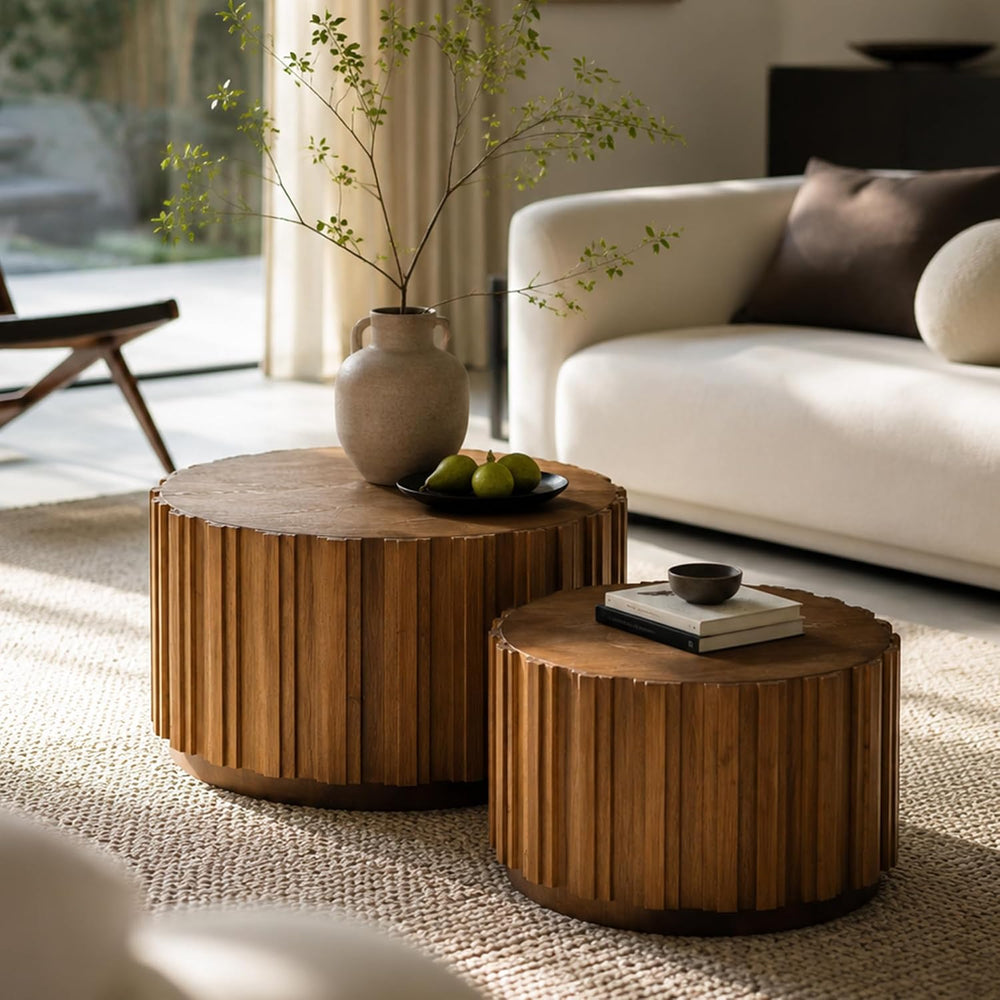SSLine Fluted Round Nesting Coffee Table Set of 2, Mid-Century Wooden Drum Co...