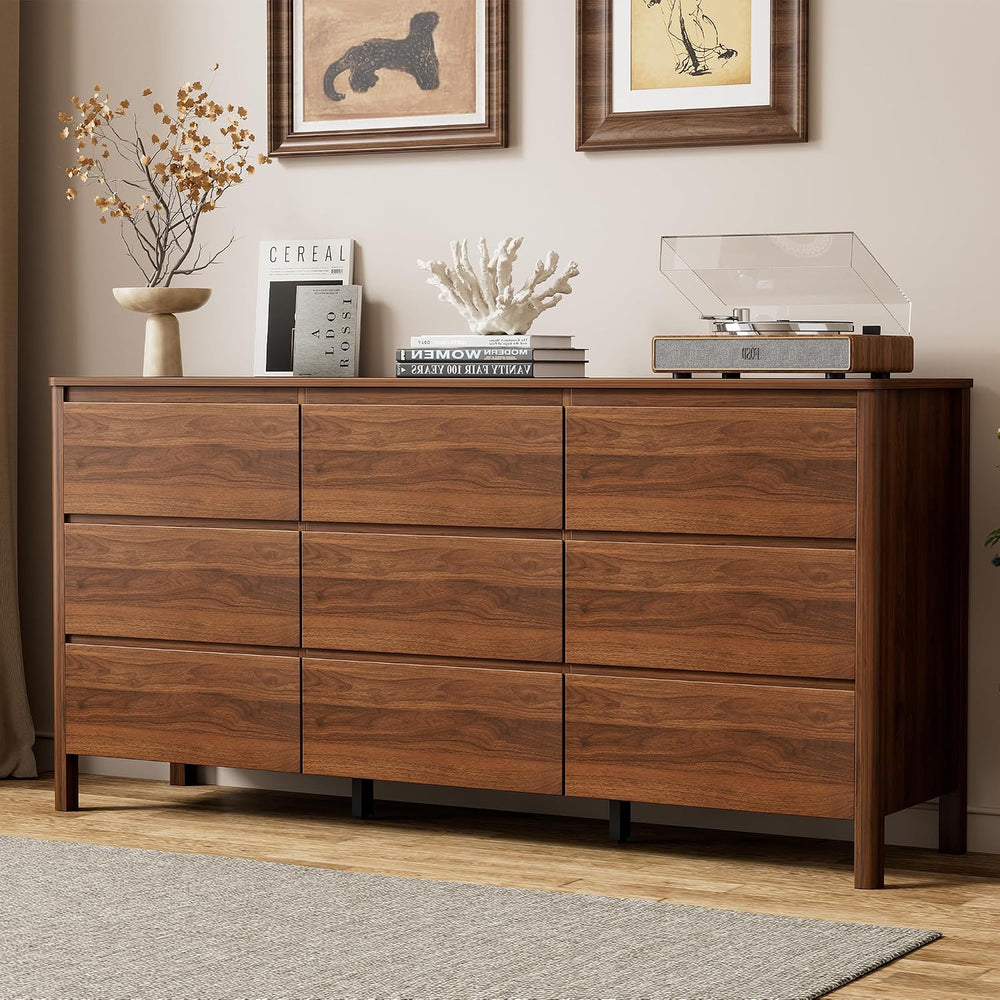 63" Wide 9 Drawer Wood Dresser for Bedroom with Legs, Walnut