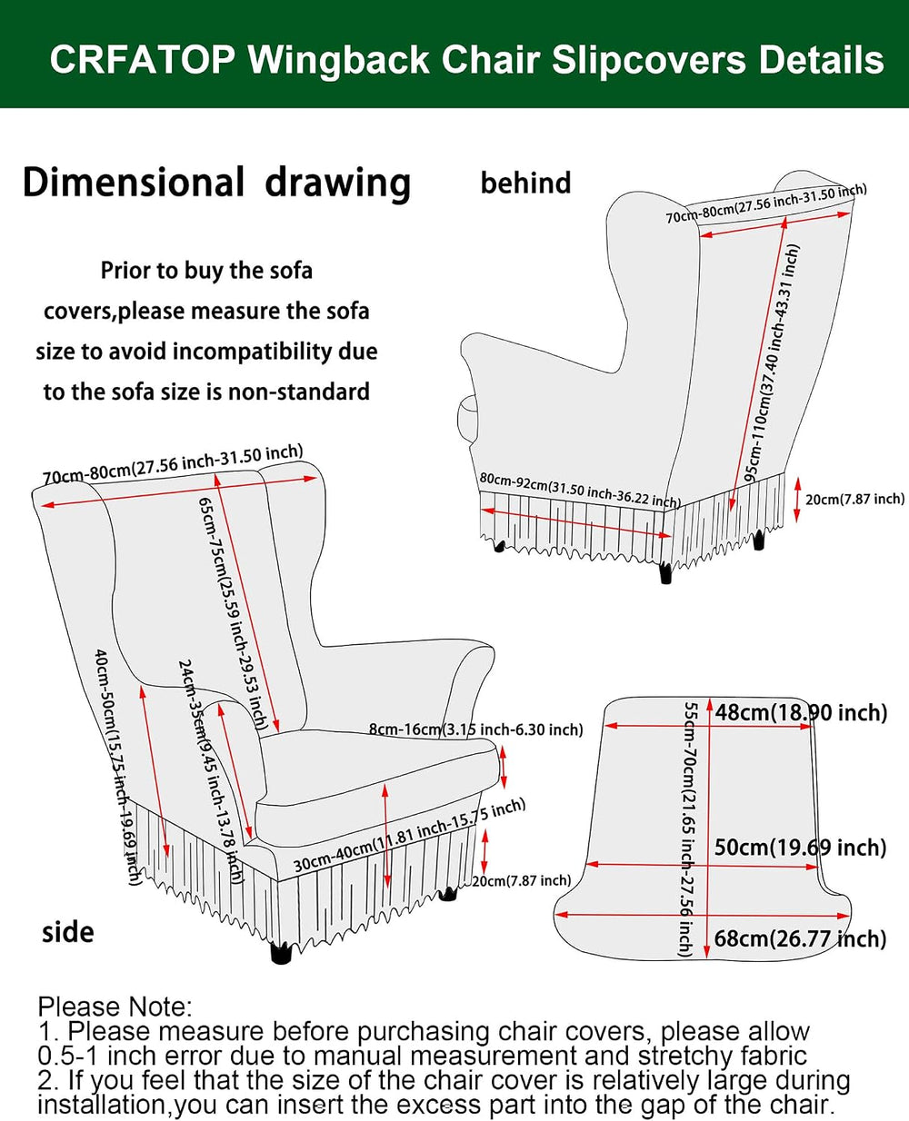 CRFATOP 2 Piece Stretch Wingback Chair Cover with Skirt for Living Room,03