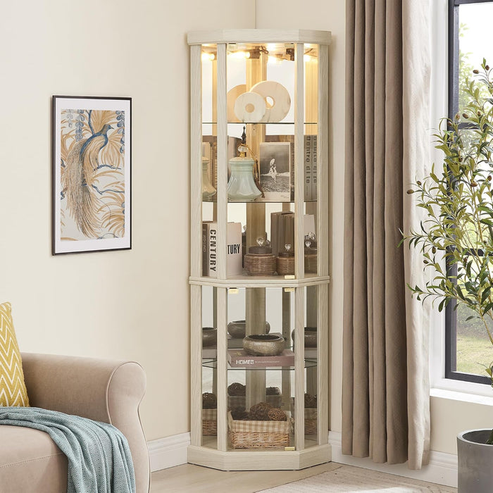 69" H Lighted Corner Display Cabinet, Curio Corner Glass Cabinet w/Adjustable Shelves & Glass Door, 5-Tier Wooden Storage Display Case w/Mirrored Back Pane for Living Room (Antique White)