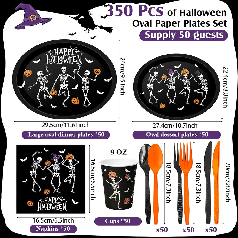 Pajean 350 Pcs Halloween Oval Paper Plates Set 12 inch Skeleton Oval Plates