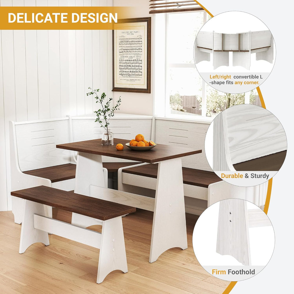 Breakfast Nook Set 3-4 Seat L-Shaped with Hidden Storage - Space Saving Corne...