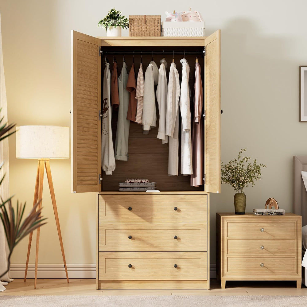 GarveeHome Armoire Wardrobe with Drawers, Wooden Closet, Hanging Rod, Oak
