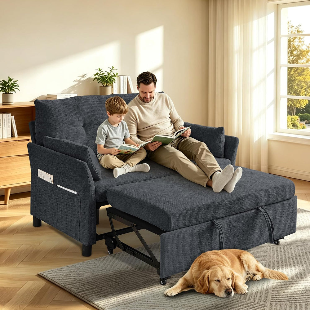 51" Sleeper Sofa Bed with Adjustable Backrest & Side Pockets, Dark Grey