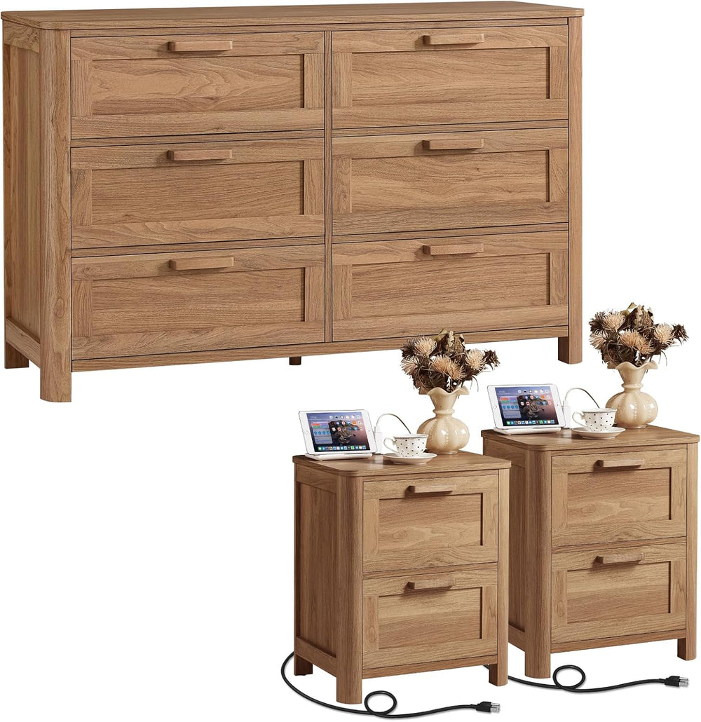 Joaxswe Farmhouse Dresser and Nightstand Sets 3 Piece, Brown