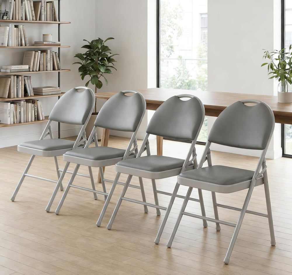 IDEALHOUSE 4 Pack Folding Chairs with PU Leather Padded Cushion, 350Lbs Capac...