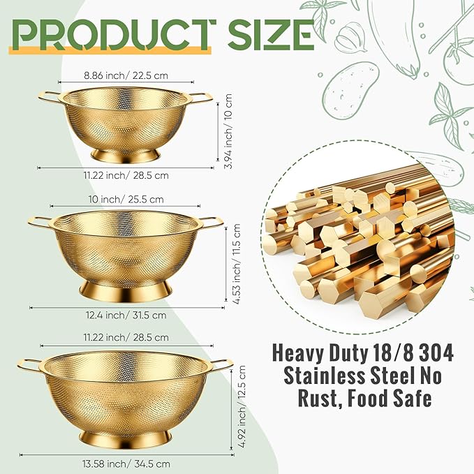 Bokon 3 Pcs Stainless Steel Colander Set Colander Bowl and Sieves 1/3/5 Quart