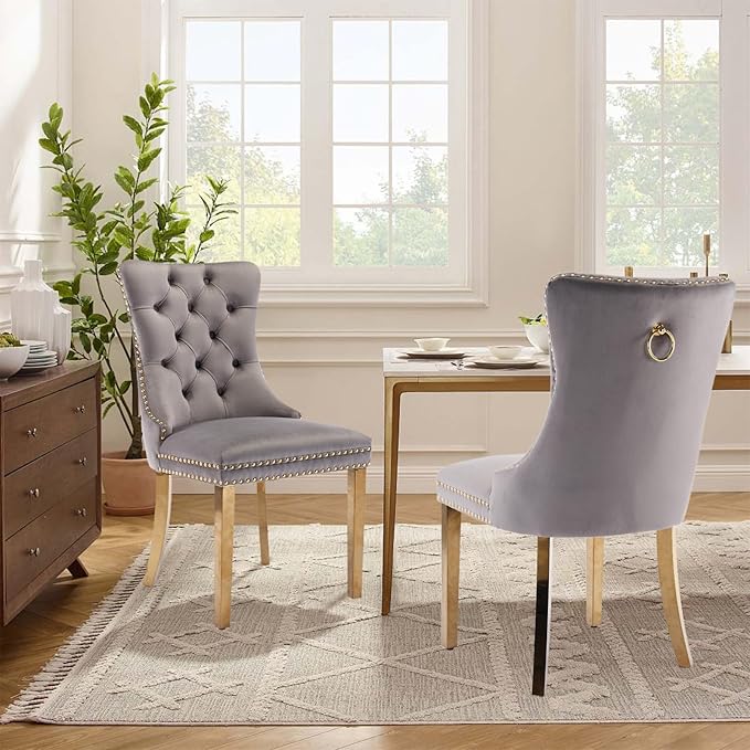 Velvet Upholstered Dining Chairs Set of 2, Modern Style Kitchen Side Chairs w...