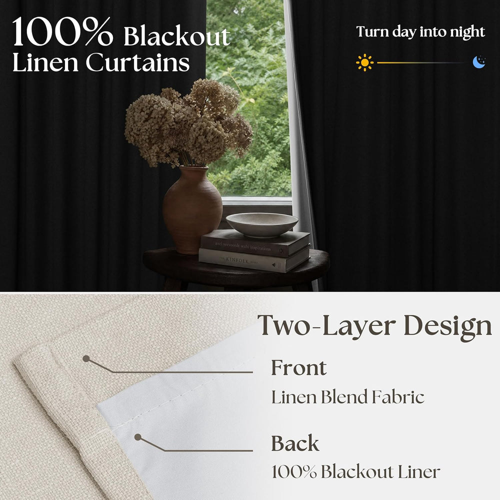 105 Inch Blackout Linen Curtains Pinch Pleat Bedroom Living Room Natural