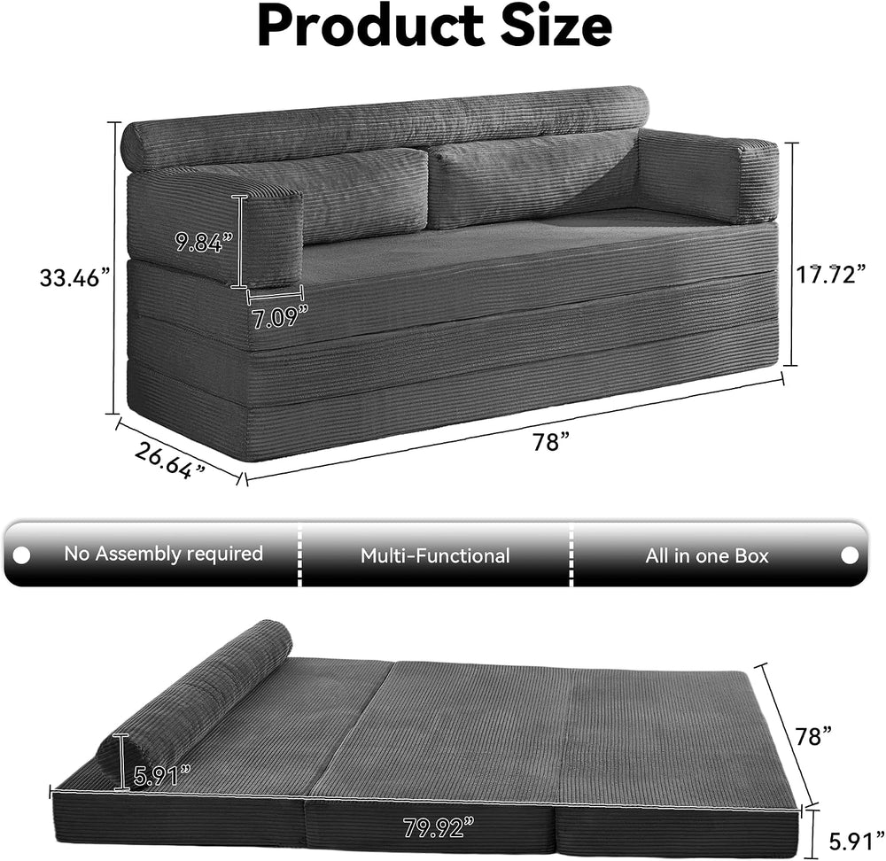 Grey 5-in-1 Convertible Sofa Bed, 78" Boneless Couch Tri Folding Mattres...