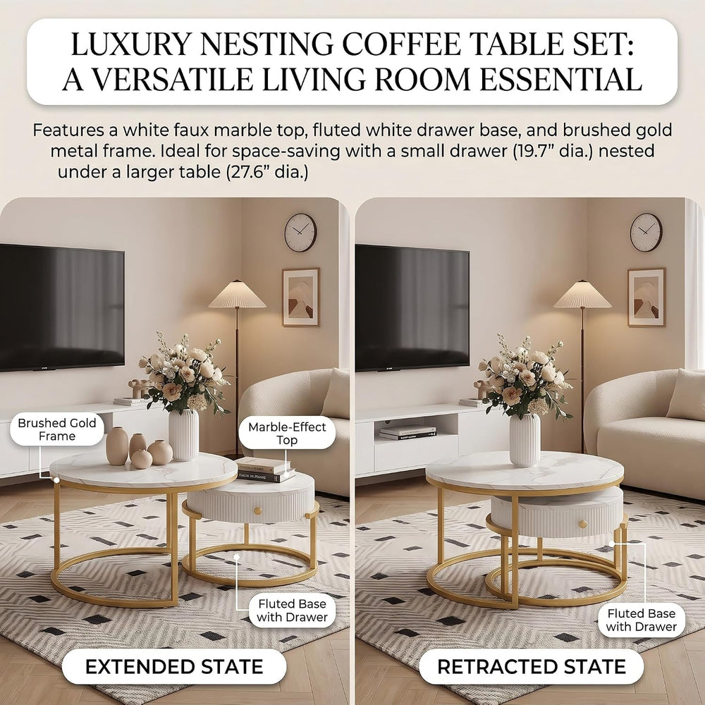 Round Nesting Coffee Table with Drawer for Small Living Room, Gold | 27.56&qu...