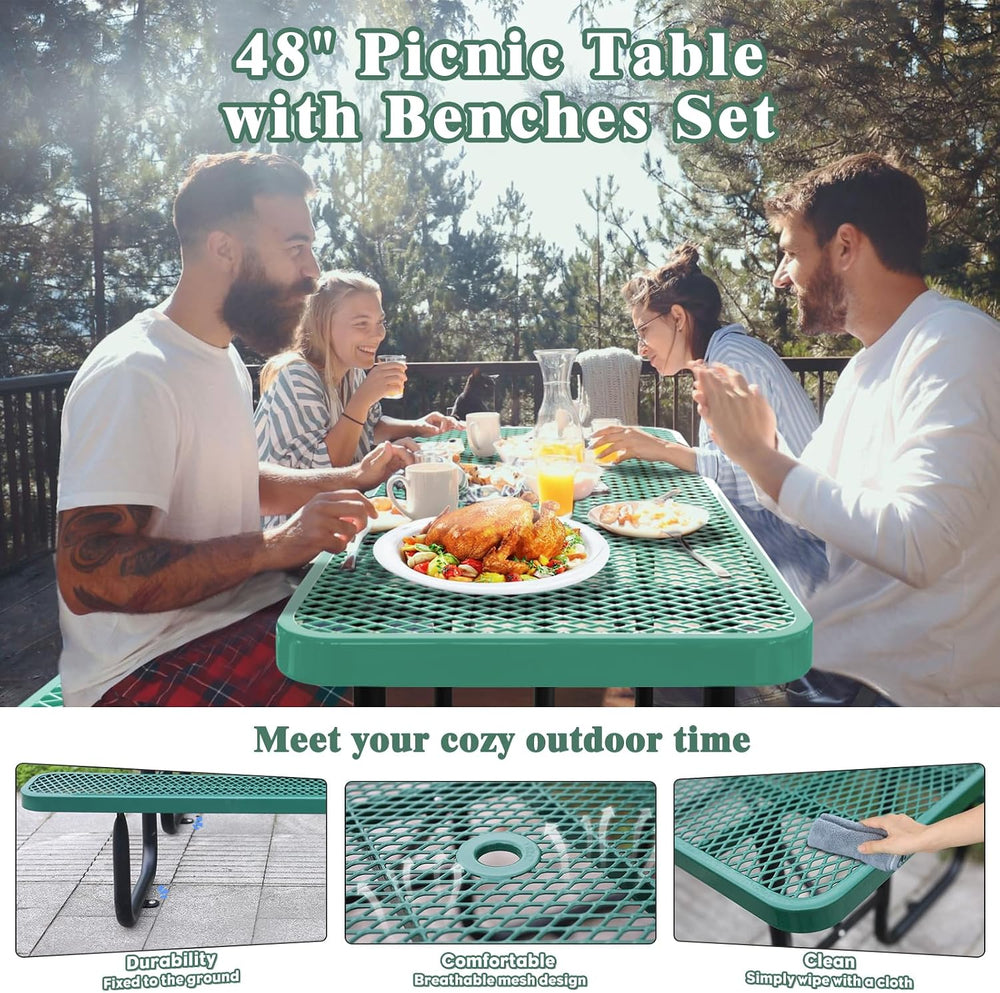 Heavy Duty Picnic Table with Umbrella Hole, Expanded Meta Outdoor Metal Patio...