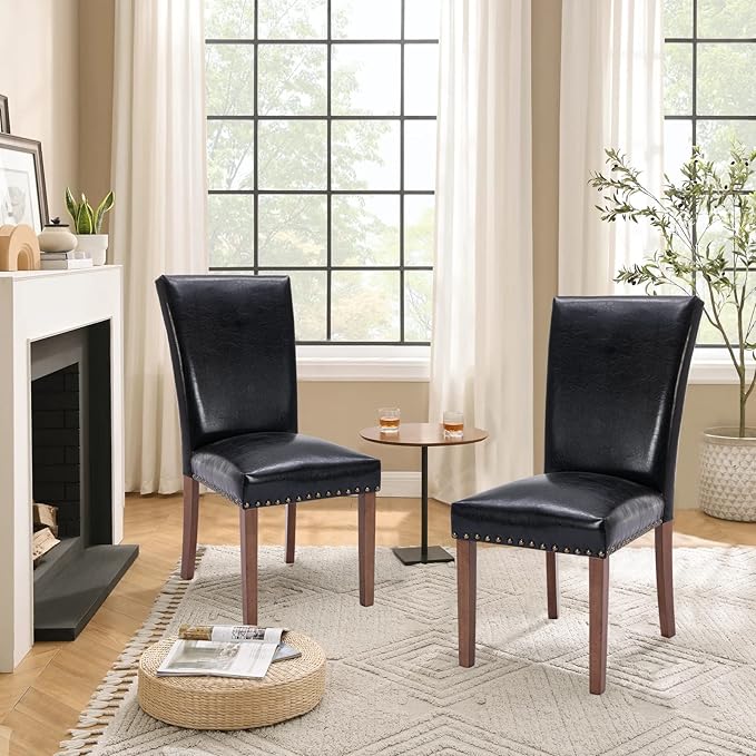 Parsons Dining Chairs Set of 2, Upholstered Nailhead PU Leather Dining Room K...