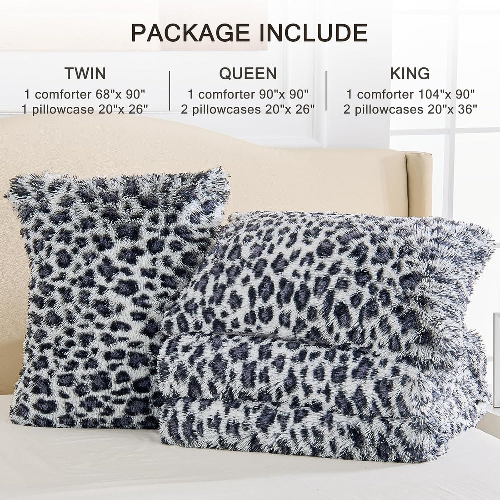 EMME Faux Fur Comforter Sets King Size Grey Leopard Soft Fluffy Bedding
