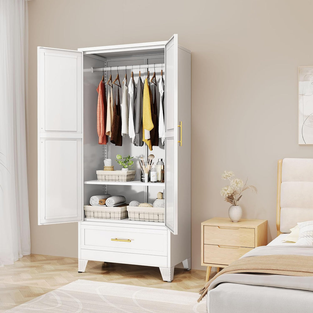 71" White Metal Tall Clothing Storage Armoire Wardrobe