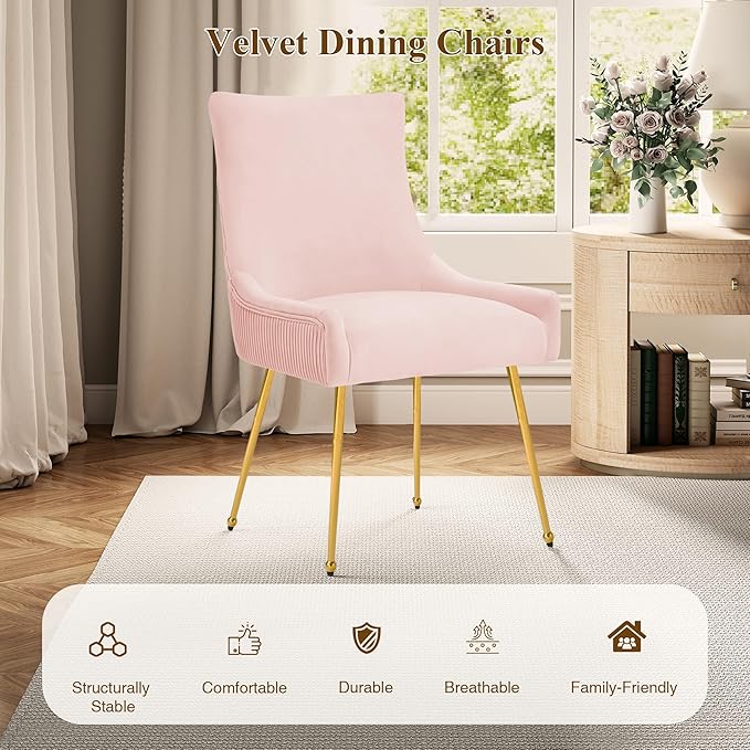 Velvet Dining Chairs Set of 4, Modern Upholstered Kitchen Chair with Pull Han...