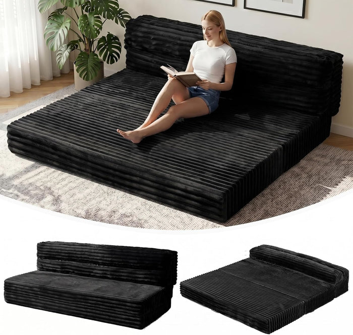 Tri-Fold Futon Sofa Bed, 6 Inch Foldable Floor Couch, High-Density Foam Convertible Sleeper Sofa with Removable Washable Corduroy Cover, Portable Floor Mattress for Living Room