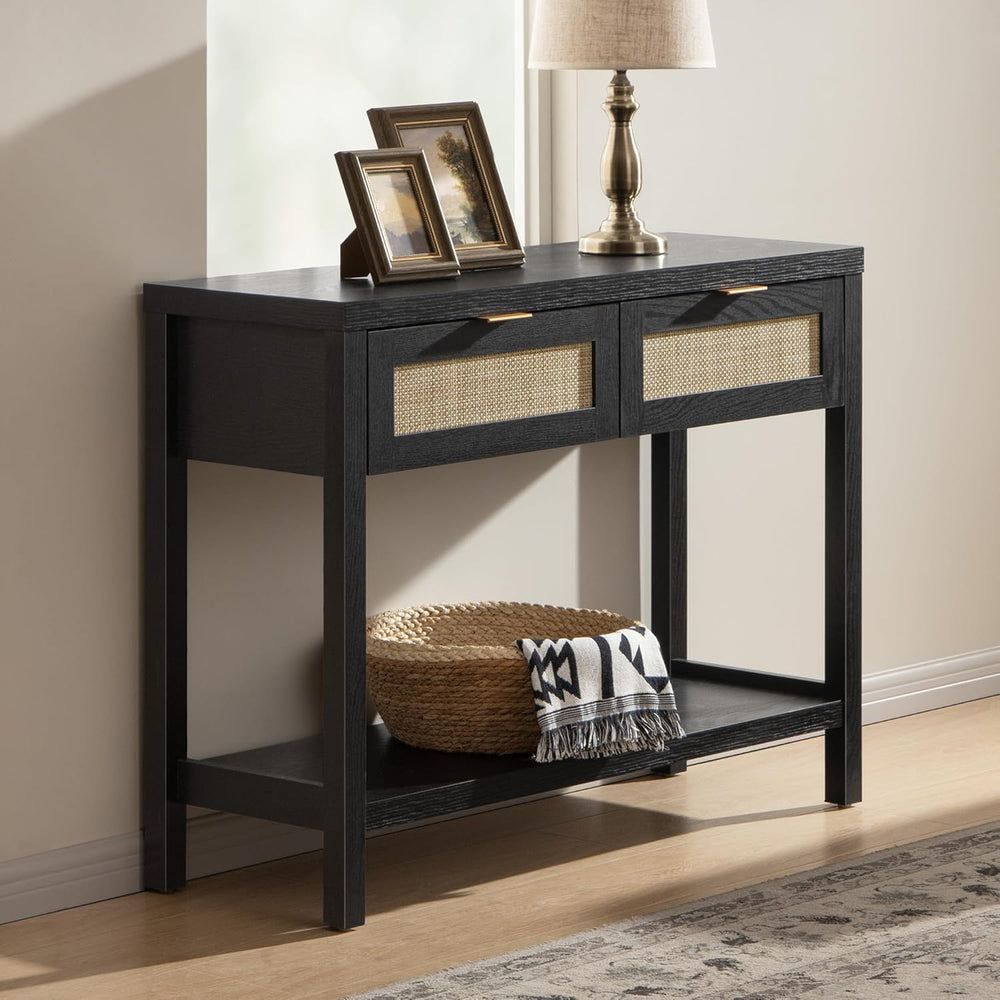 SICOTAS Black Console Table with Rattan Drawers - Boho Rattan Entryway Table ...