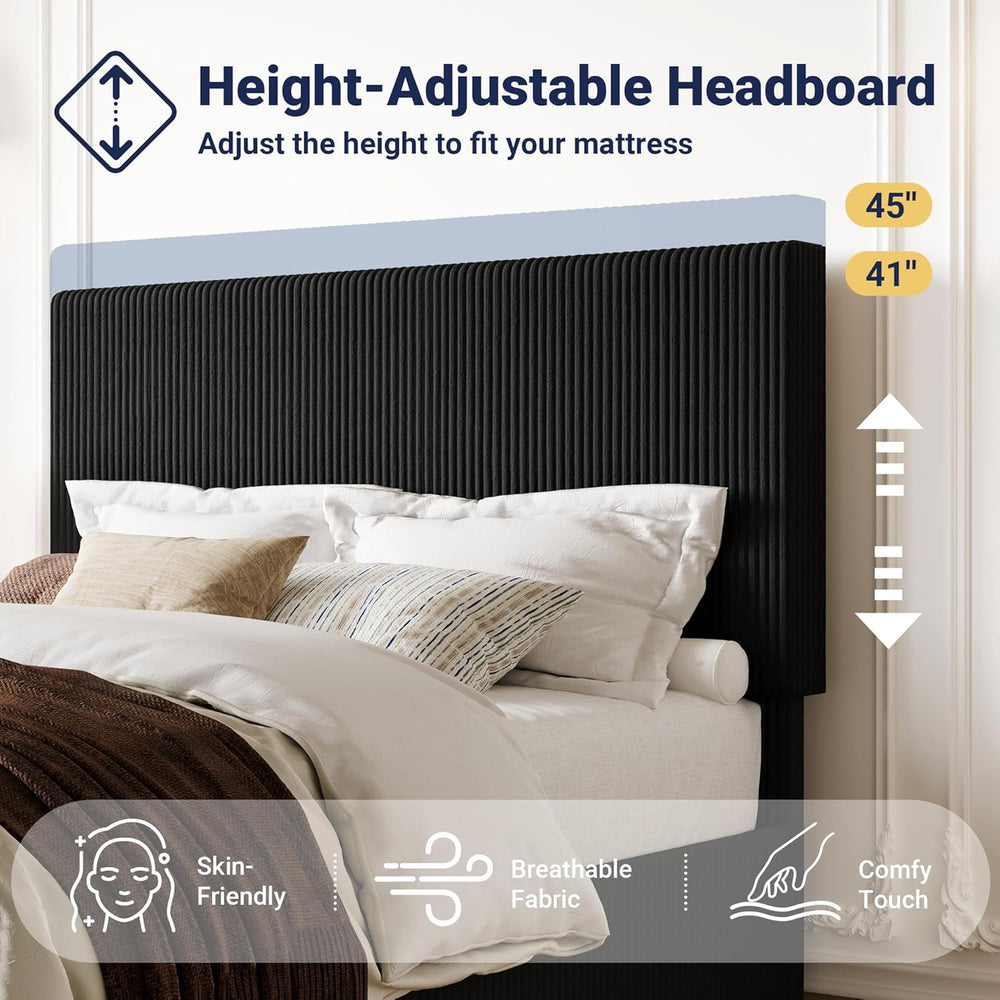 Allewie Full Bed Frame, Adjustable Corduroy Headboard, Platform, Black