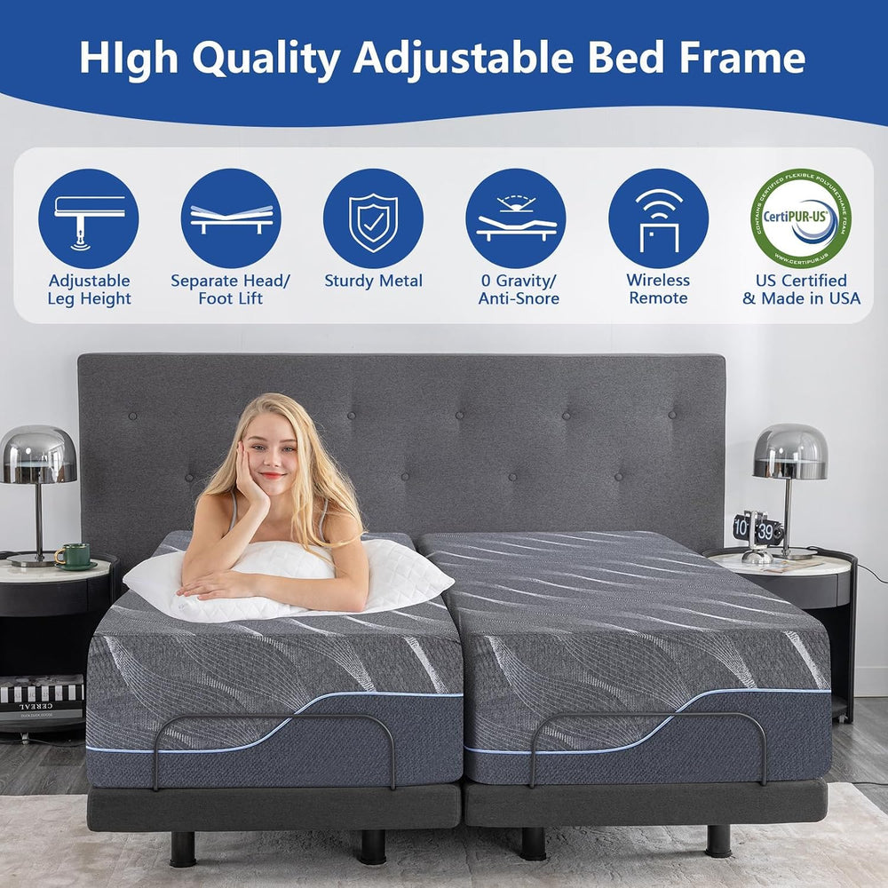 Adjustable Bed Frame Split King, Bed Base with 14 Inch Grey Gel Memory Foam M...