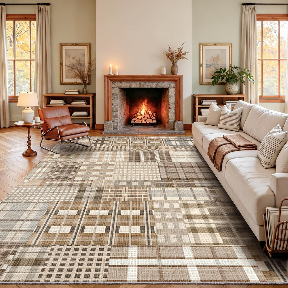 Rezutan Washable Area Rug 8x10, Modern Geometric Plaid, Non-Slip, Beige