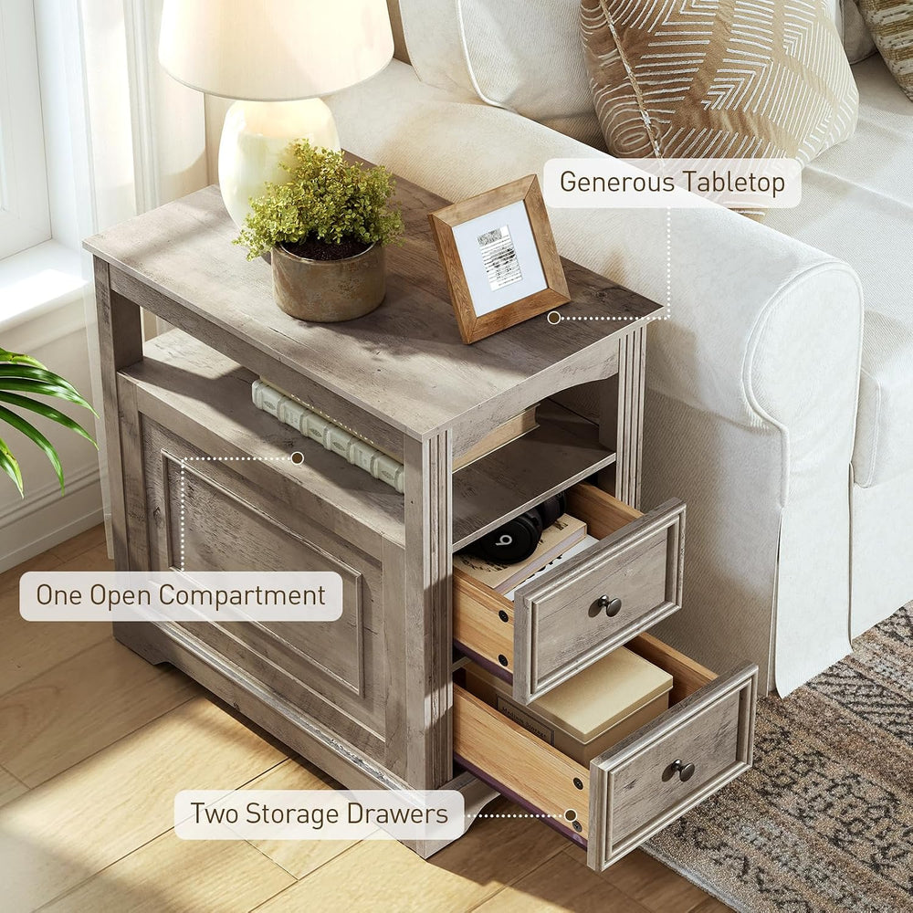 RALGEND Farmhouse End Table with 2 Drawers and Open Shelf, Greige