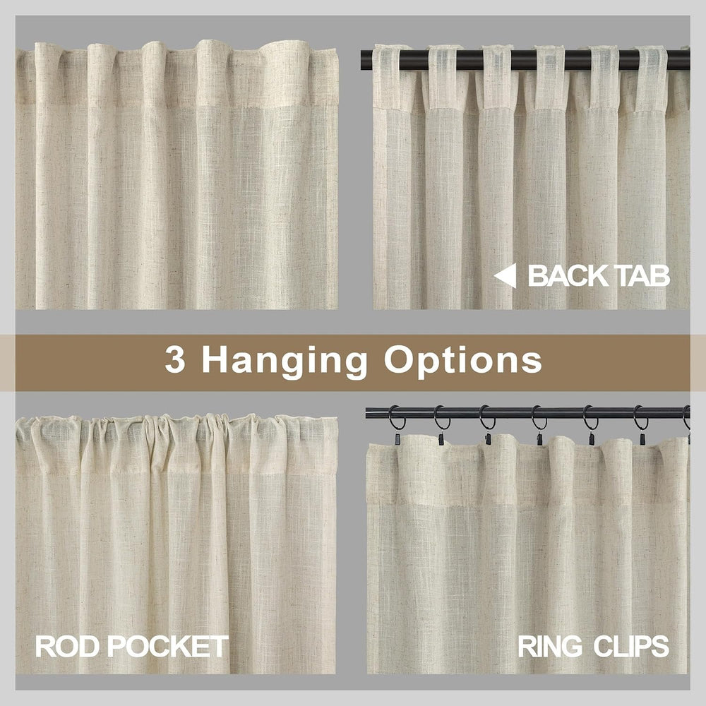 Flax Linen Curtains 96 Inches Long for Bedroom 2 Panels Back Tab Pocket Primi...